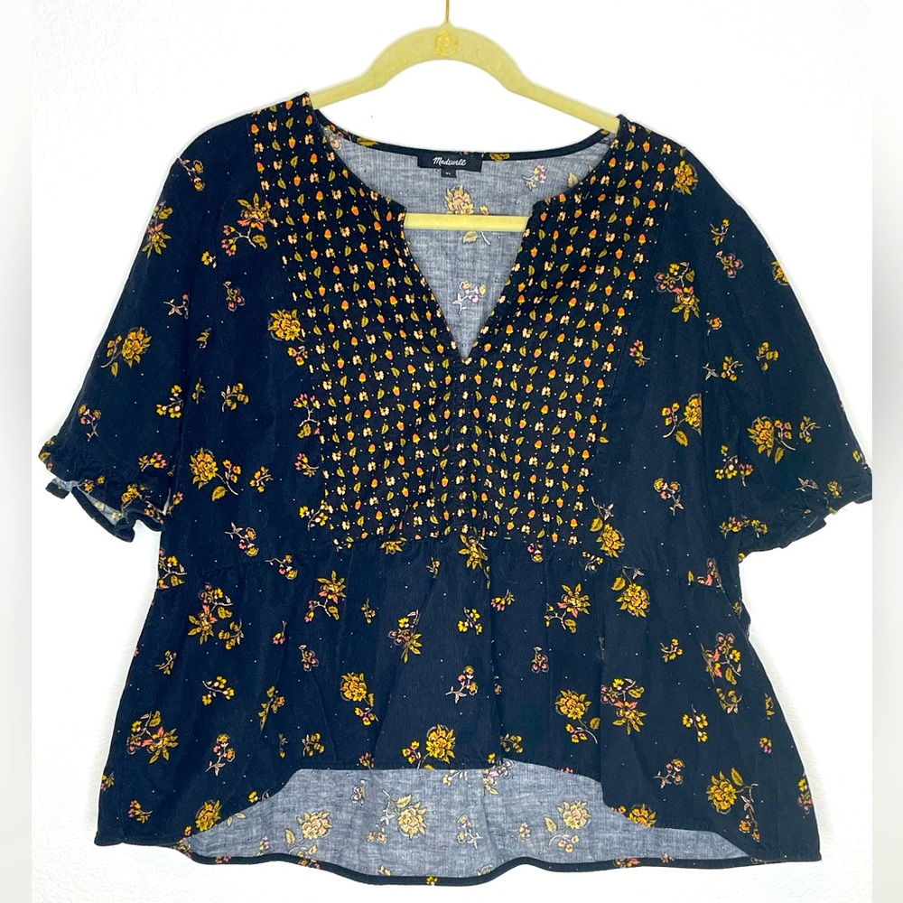 Madewell Black corduroy Floral Smocked Peplum Top